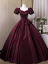 Wine Red Satin A-line Short Sleeves Long Formal Dress, Sweetheart Wine Red Prom Dress with Bow