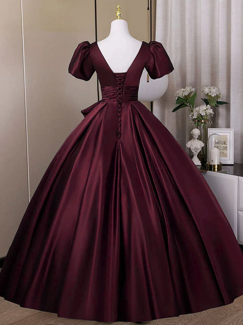 Wine Red Satin A-line Short Sleeves Long Formal Dress, Sweetheart Wine Red Prom Dress with Bow