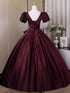 Wine Red Satin A-line Short Sleeves Long Formal Dress, Sweetheart Wine Red Prom Dress with Bow