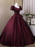 Wine Red Satin A-line Short Sleeves Long Formal Dress, Sweetheart Wine Red Prom Dress with Bow