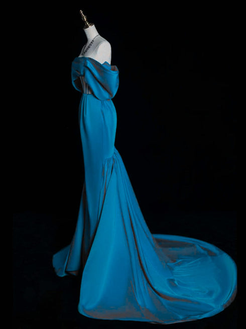 Blue Satin Scoop Mermaid Long Formal Dress Party Dress, Blue Satin Prom Dress