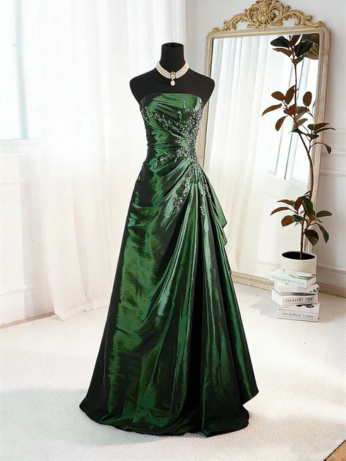 A-line Green Satin Prom Dress Party Dress, Green Strapless Long Evening Dress