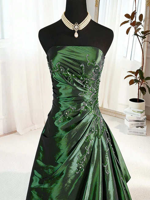 A-line Green Satin Prom Dress Party Dress, Green Strapless Long Evening Dress
