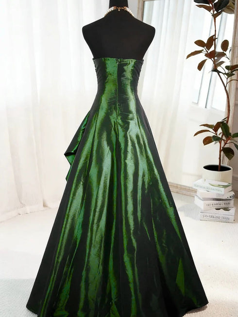 A-line Green Satin Prom Dress Party Dress, Green Strapless Long Evening Dress