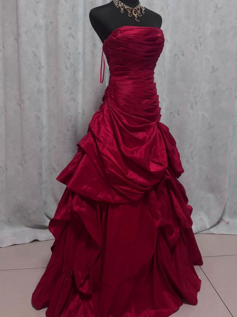 Wine Red Taffeta Ball Gown Prom Dress, Wine Red Strapless Evening Dress Party Dress