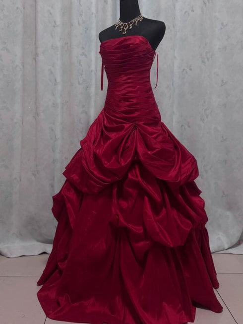 Wine Red Taffeta Ball Gown Prom Dress, Wine Red Strapless Evening Dress Party Dress