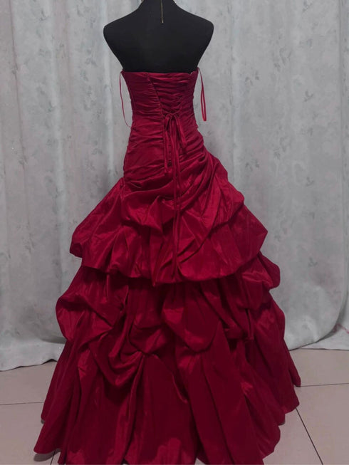 Wine Red Taffeta Ball Gown Prom Dress, Wine Red Strapless Evening Dress Party Dress