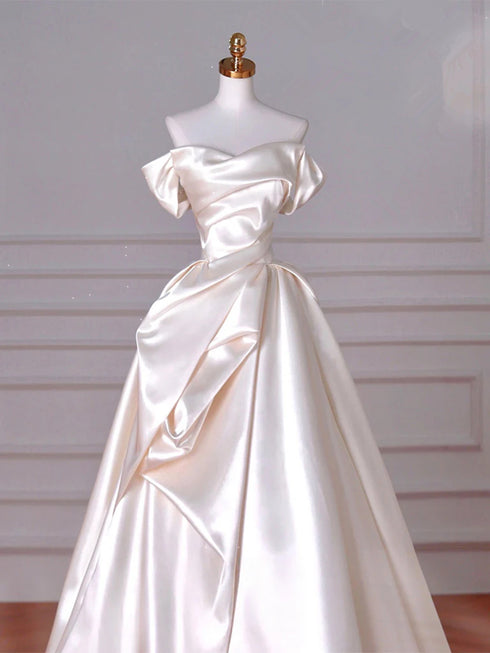 Ivory Satin Off Shoulder A-line Prom Dress, Ivory Sweetheart Long Party Dress