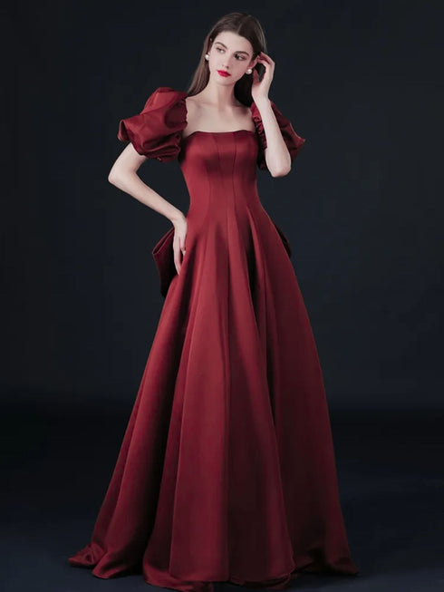 Wine Red Short Sleeves Scoop Long Party Dress, A-line Satin Prom Dress