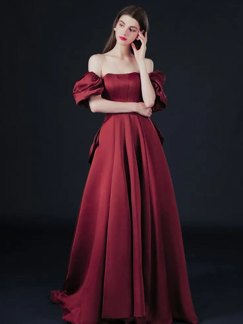 Wine Red Short Sleeves Scoop Long Party Dress, A-line Satin Prom Dress
