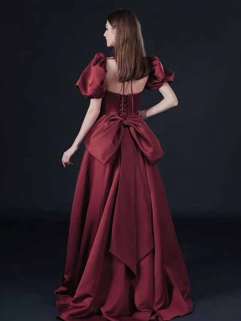 Wine Red Short Sleeves Scoop Long Party Dress, A-line Satin Prom Dress