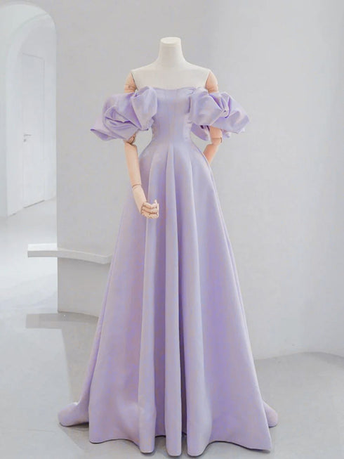 A-line Light Purple Satin Off Shoulder Prom Dress, Light Purple Puffy Sleeves Party Dress