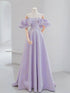 A-line Light Purple Satin Off Shoulder Prom Dress, Light Purple Puffy Sleeves Party Dress