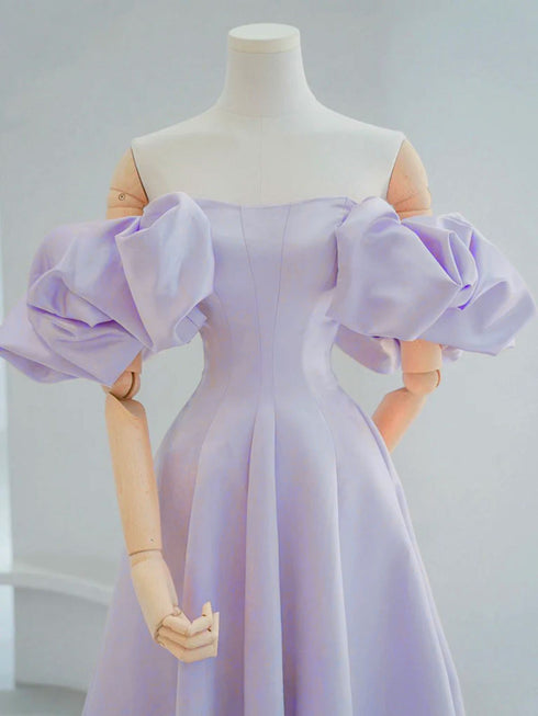 A-line Light Purple Satin Off Shoulder Prom Dress, Light Purple Puffy Sleeves Party Dress