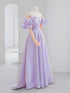 A-line Light Purple Satin Off Shoulder Prom Dress, Light Purple Puffy Sleeves Party Dress
