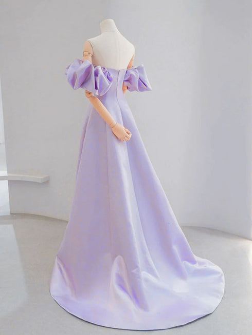 A-line Light Purple Satin Off Shoulder Prom Dress, Light Purple Puffy Sleeves Party Dress