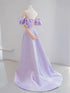 A-line Light Purple Satin Off Shoulder Prom Dress, Light Purple Puffy Sleeves Party Dress