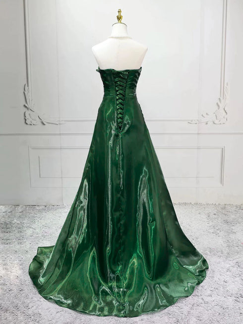 Elegant Green Off Shoulder Evening Gown, Ruched Satin Prom Dress Formal Dress