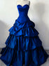 Blue Satin Ball Gown Layers Sweetheart Formal Dress, Blue Strapless Long Sweet 16 Dress