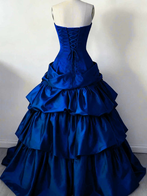 Blue Satin Ball Gown Layers Sweetheart Formal Dress, Blue Strapless Long Sweet 16 Dress