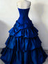 Blue Satin Ball Gown Layers Sweetheart Formal Dress, Blue Strapless Long Sweet 16 Dress