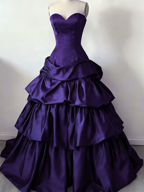 Gothic Purple Satin Ruffled Formal Dress, Strapless Sweetheart Tiered Prom Dress