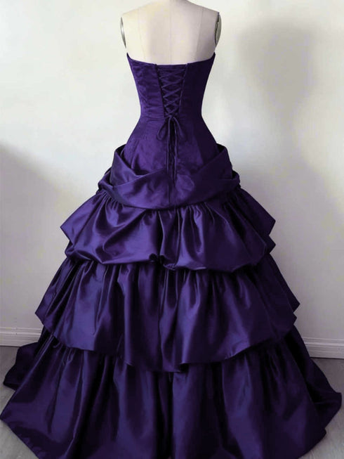 Gothic Purple Satin Ruffled Formal Dress, Strapless Sweetheart Tiered Prom Dress