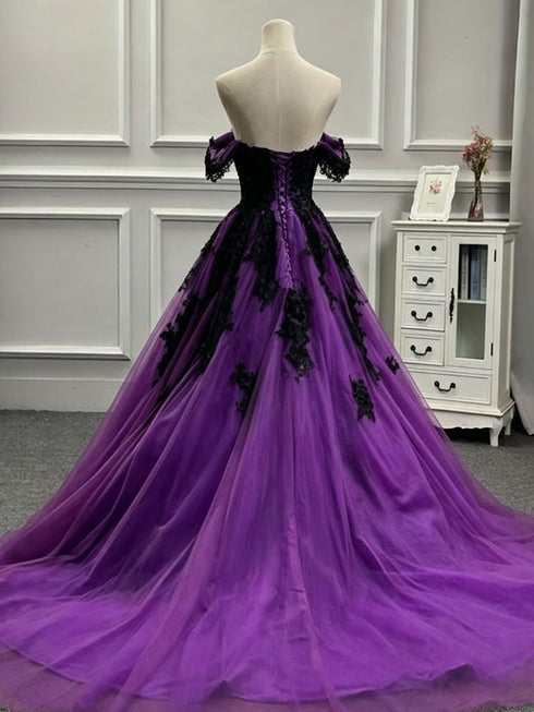Gothic Black and Purple Off Shoulder Lace Applique Prom Gown, Black and Purple Sweet 16 Dress