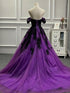 Gothic Black and Purple Off Shoulder Lace Applique Prom Gown, Black and Purple Sweet 16 Dress