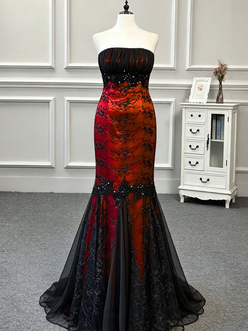Gothic Black and Red Mermaid Prom Dress, Strapless Lace Appliques Beaded Evening Gown