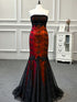 Gothic Black and Red Mermaid Prom Dress, Strapless Lace Appliques Beaded Evening Gown