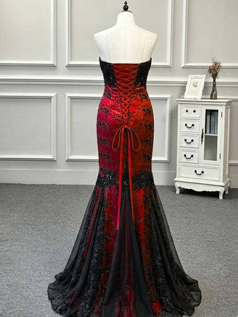 Gothic Black and Red Mermaid Prom Dress, Strapless Lace Appliques Beaded Evening Gown