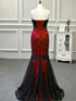 Gothic Black and Red Mermaid Prom Dress, Strapless Lace Appliques Beaded Evening Gown