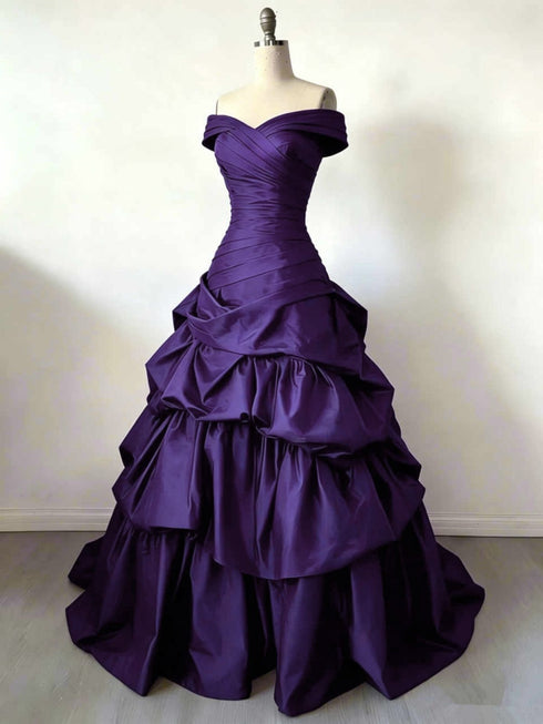 Purple Ruched Bodice Tiered Ball Gown Prom Dress, Off Shoulder Long Formal Dress Evening Dress