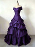 Purple Ruched Bodice Tiered Ball Gown Prom Dress, Off Shoulder Long Formal Dress Evening Dress