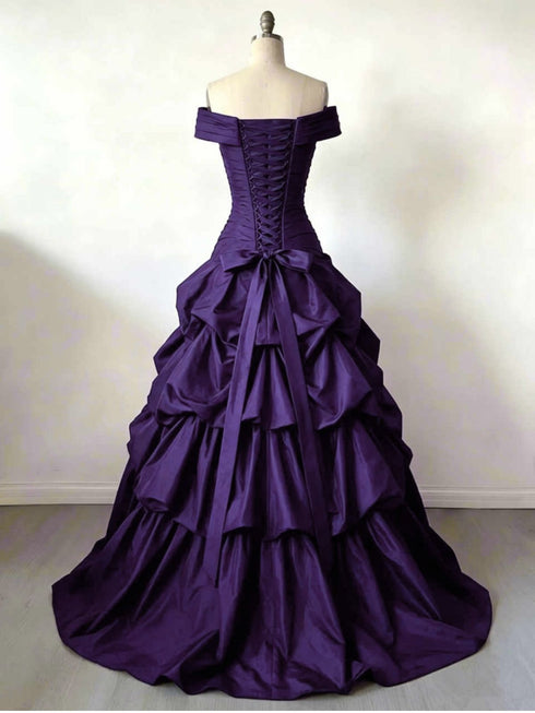 Purple Ruched Bodice Tiered Ball Gown Prom Dress, Off Shoulder Long Formal Dress Evening Dress