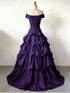 Purple Ruched Bodice Tiered Ball Gown Prom Dress, Off Shoulder Long Formal Dress Evening Dress