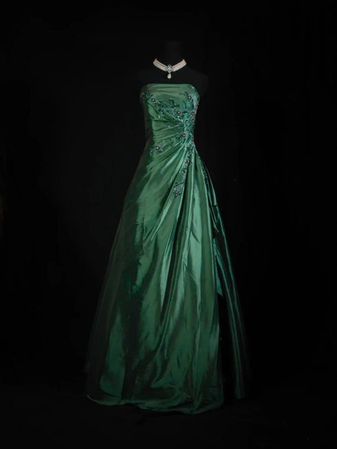 Green Strapless Beaded A-line Lace-up Party Dress, Chic Green Floor Length Prom Dress