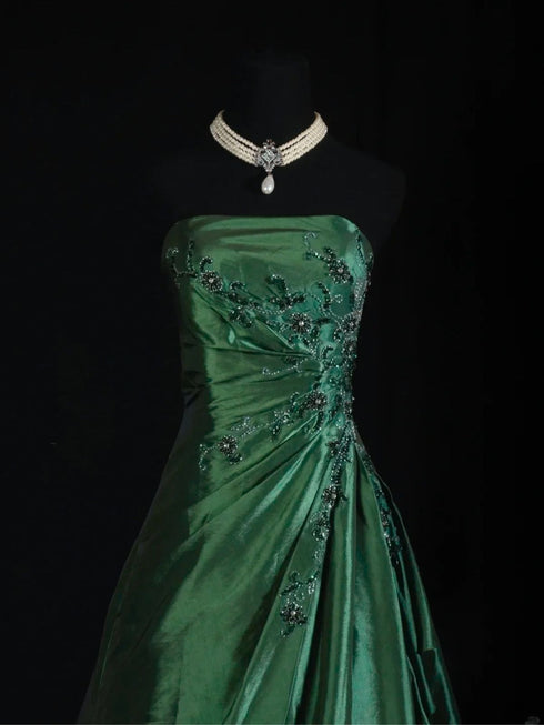 Green Strapless Beaded A-line Lace-up Party Dress, Chic Green Floor Length Prom Dress