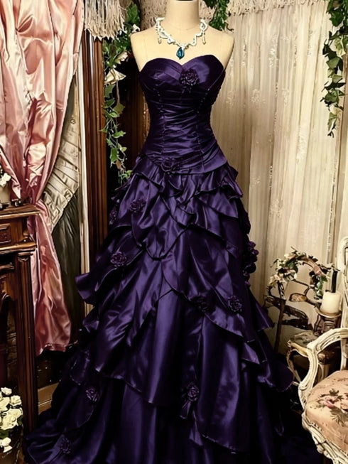 Chic Purple Strapless Ball Gown Ruffled Prom Dress, Taffeta Corset Party Dress With Flowers