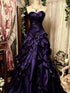 Chic Purple Strapless Ball Gown Ruffled Prom Dress, Taffeta Corset Party Dress With Flowers