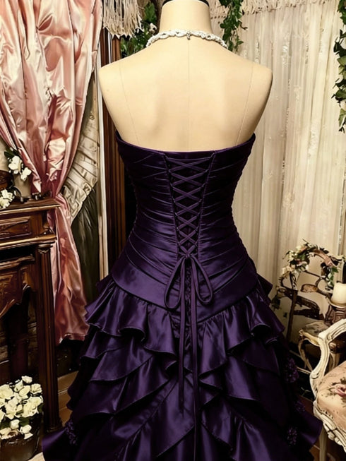 Chic Purple Strapless Ball Gown Ruffled Prom Dress, Taffeta Corset Party Dress With Flowers