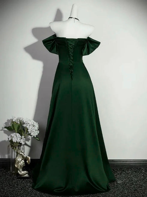 Green Satin A-line Off Shoulder Long Party Dress, Sweetheart Satin Prom Dress Evening Dress