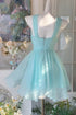Mint Blue Chiffon Haler Knee Length Wedding Party Dress, Mint Blue Chiffon Short Homecoming Dress
