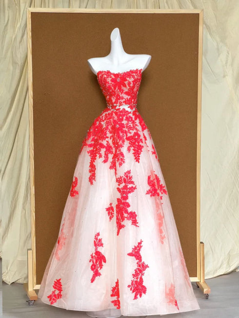 Ivory Tulle with Red Lace Applique Party Dress, Ivory Tulle Sweetheart Long Prom Dress