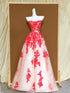 Ivory Tulle with Red Lace Applique Party Dress, Ivory Tulle Sweetheart Long Prom Dress