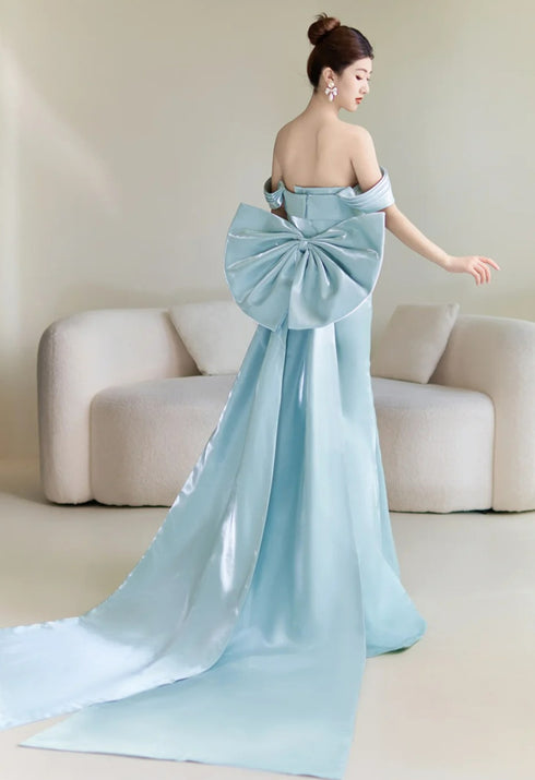 Blue Satin Off Shoulder Mermaid Long Formal Dress with Bow, Blue Long Prom Dress