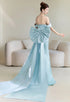 Blue Satin Off Shoulder Mermaid Long Formal Dress with Bow, Blue Long Prom Dress