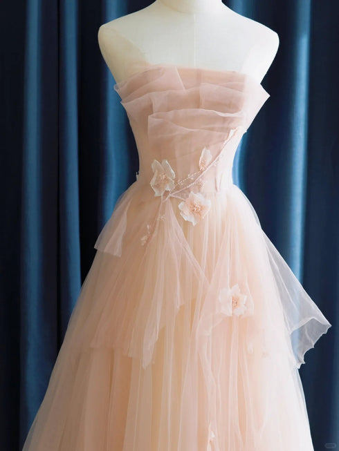 Pink Tulle Long Formal Dress with Flowers, Pink Tulle Prom Dress
