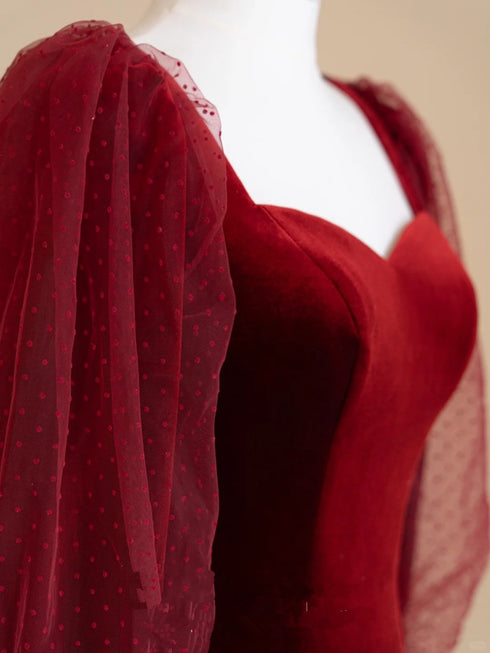 Wine Red Velvet Long Puffy Sleeves Prom Dress, Wine Red Wedding Party Dress